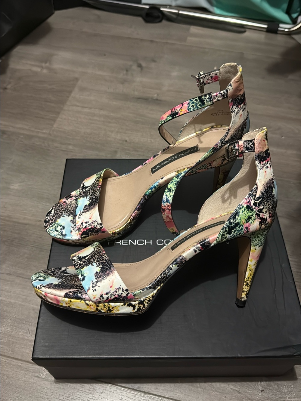 French Connection Multicolor Abstract Print Ankle-Strap Heels